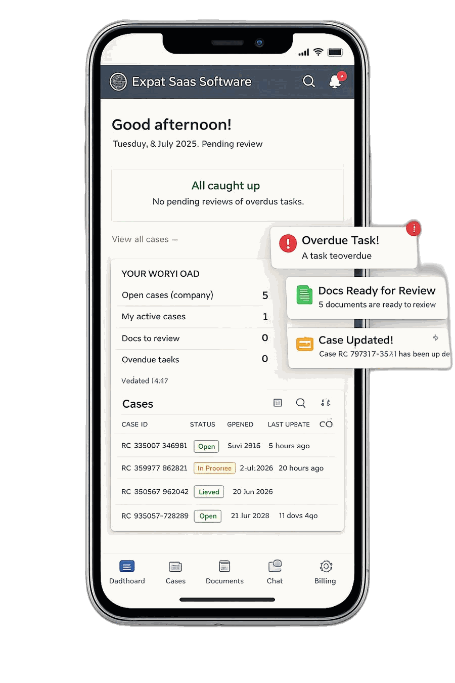The Expat Saas mobile app dashboard